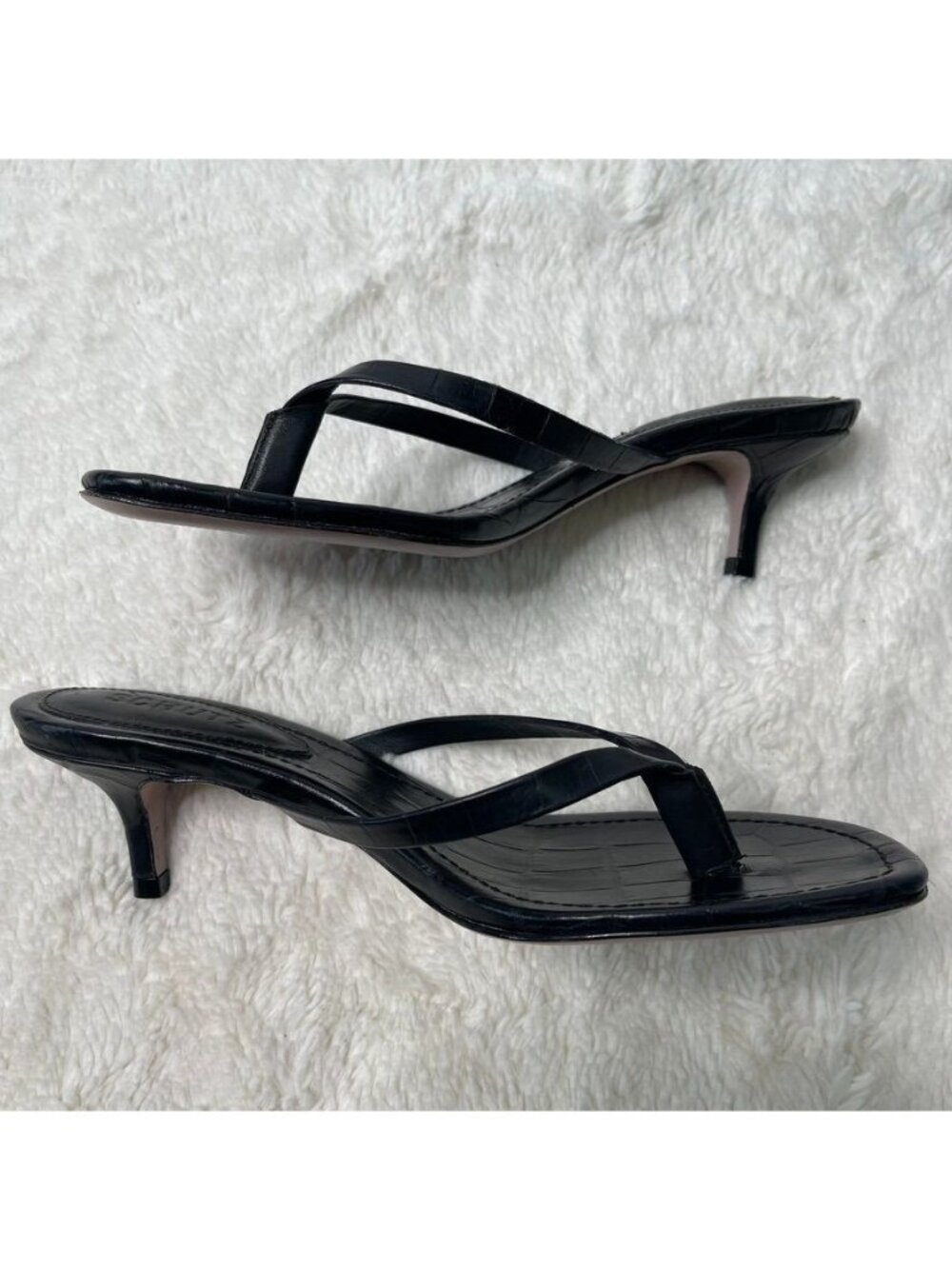 Schutz Carolyn Black Leather Croc Thong Sandal Kitten Heel Square Toe Size 7.5 - Picture 6 of 10